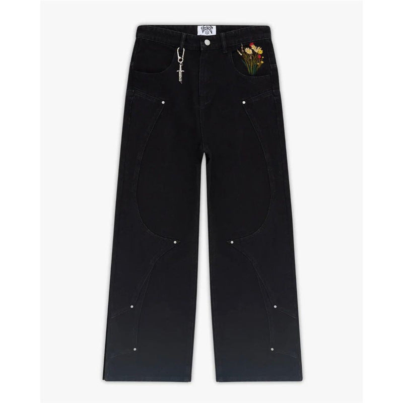 Fallen Knight Black Jeans With Embroidered
