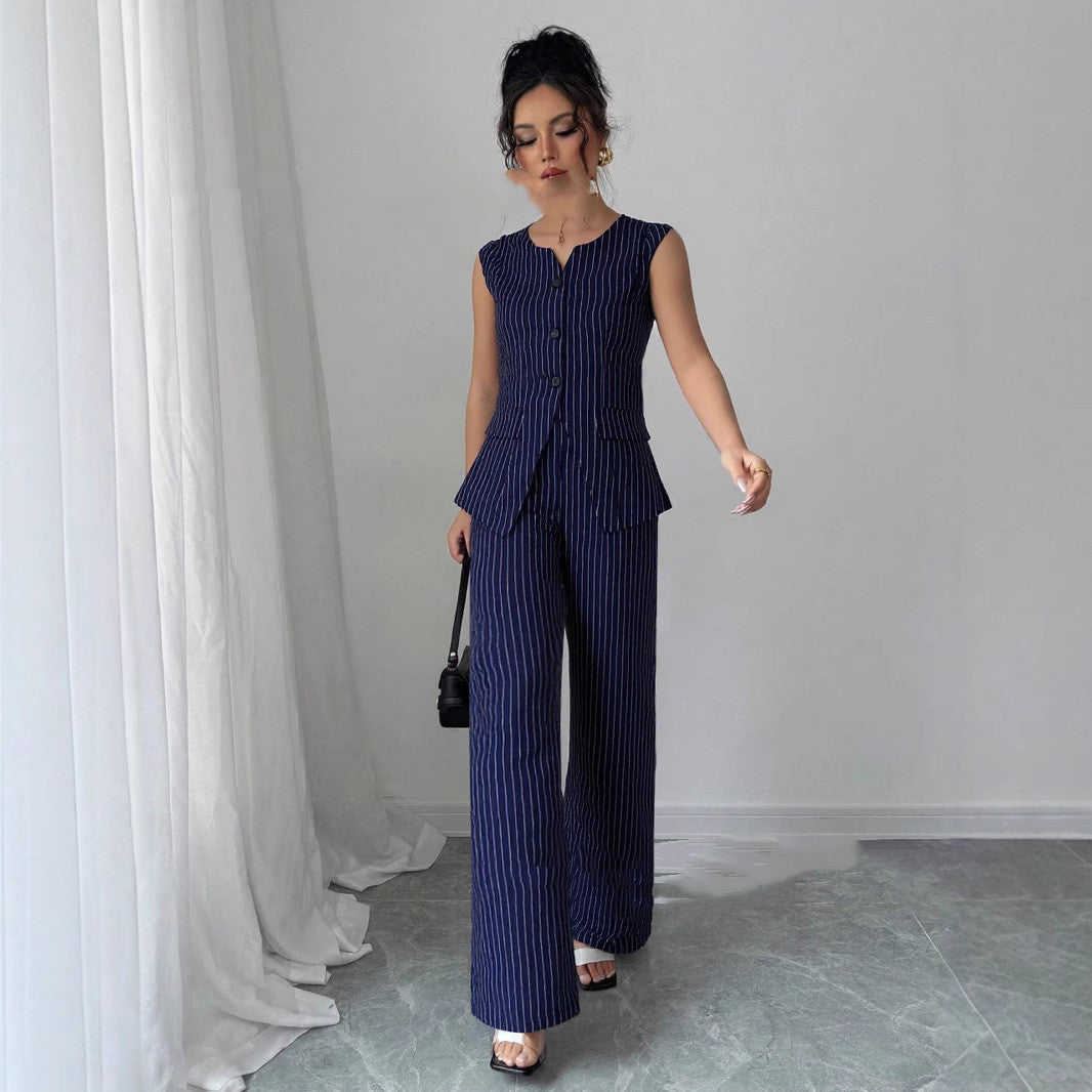 Casual Striped Lapel Suit Straight-leg Pants Suit