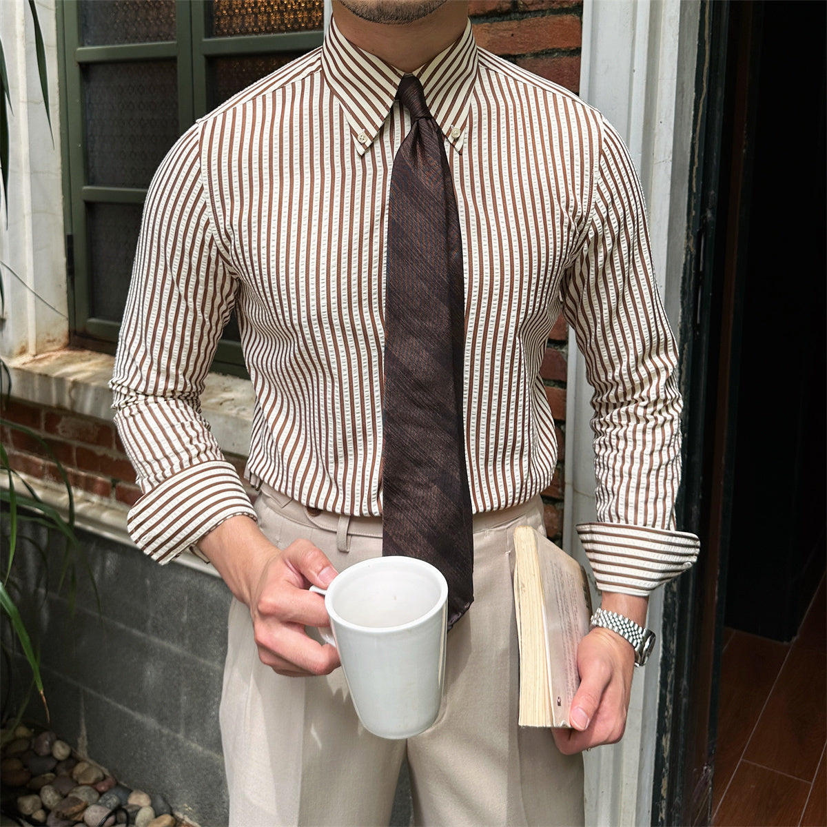 Men's Anti-Wrinkle Breathable Stripes Long-sleeved Shirt