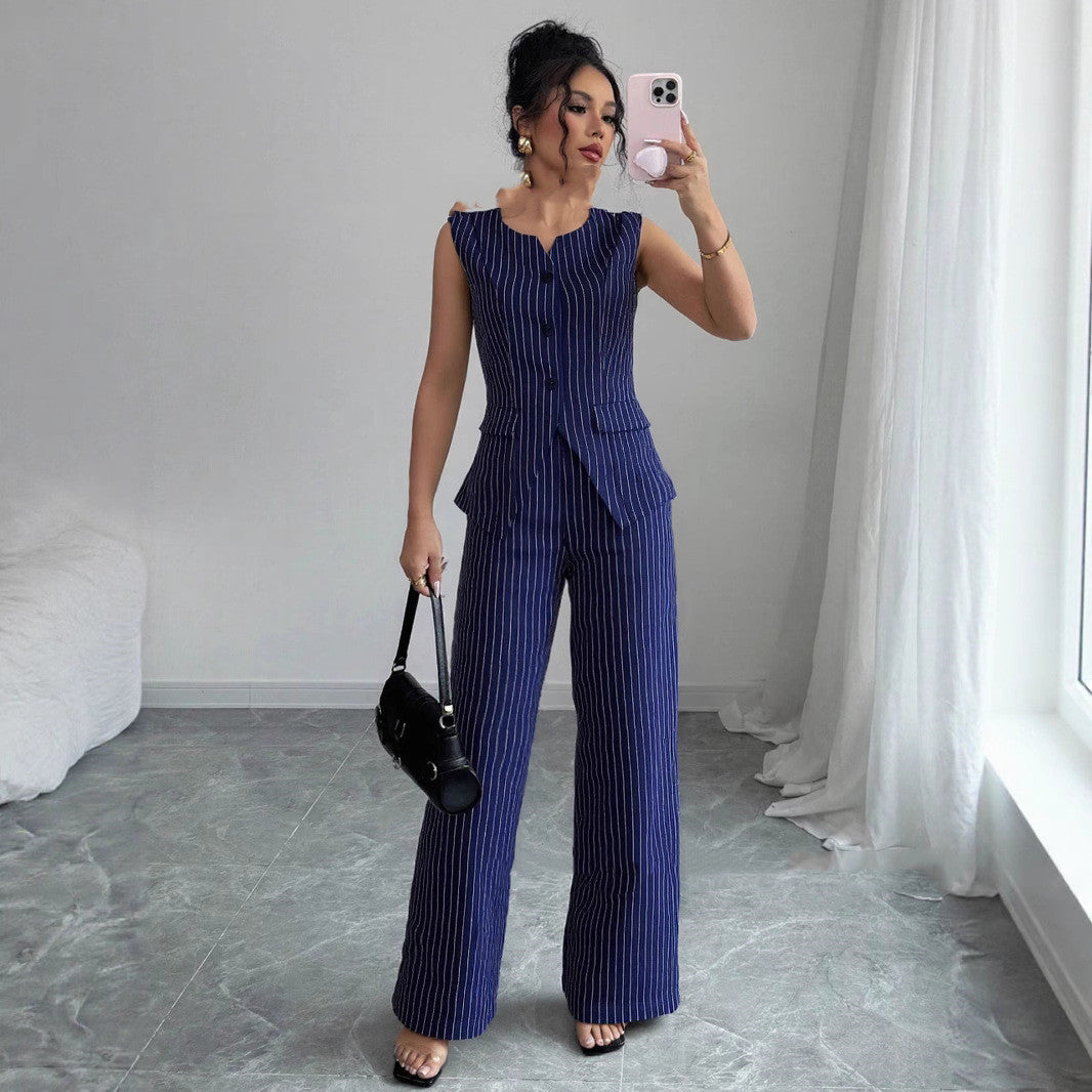 Casual Striped Lapel Suit Straight-leg Pants Suit