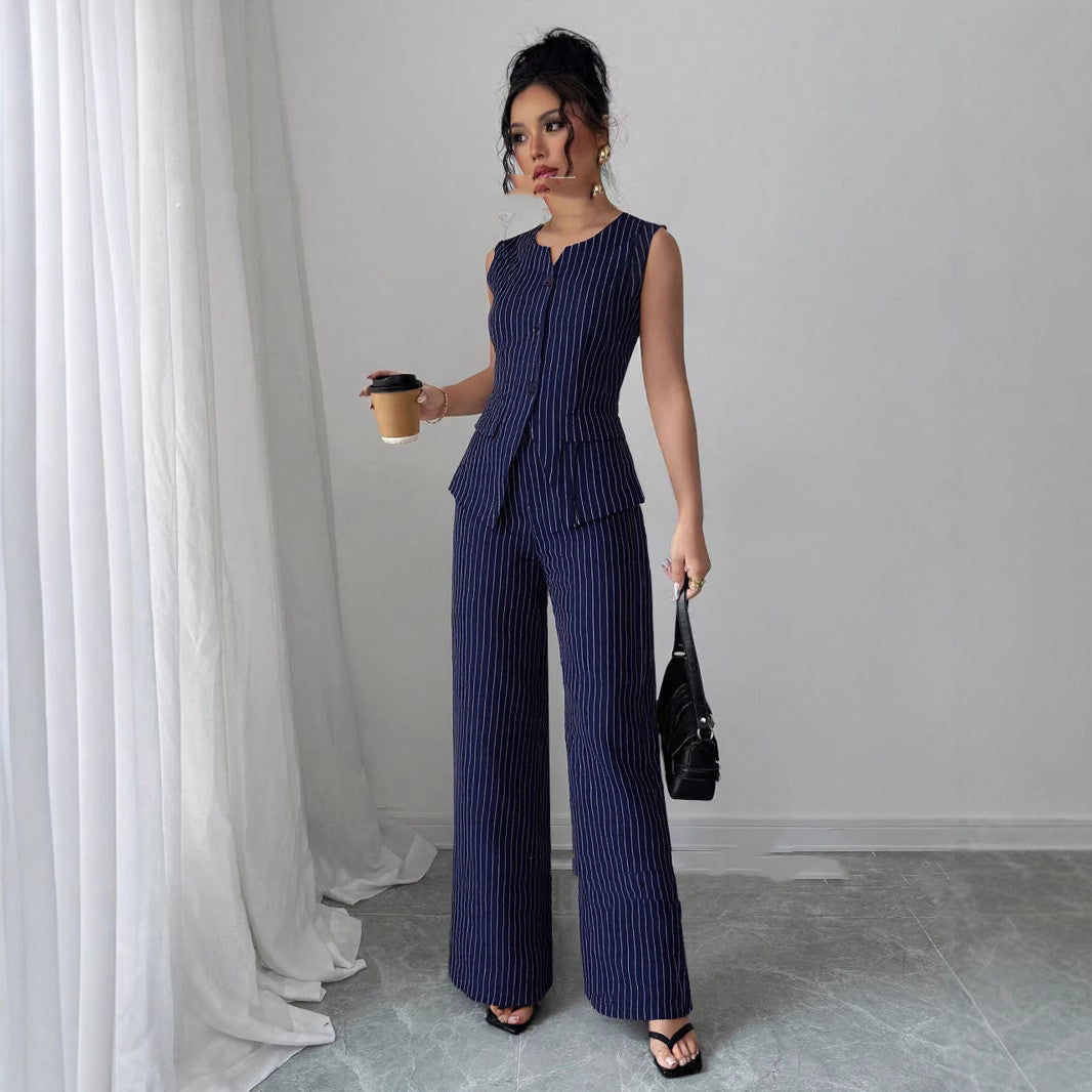 Casual Striped Lapel Suit Straight-leg Pants Suit
