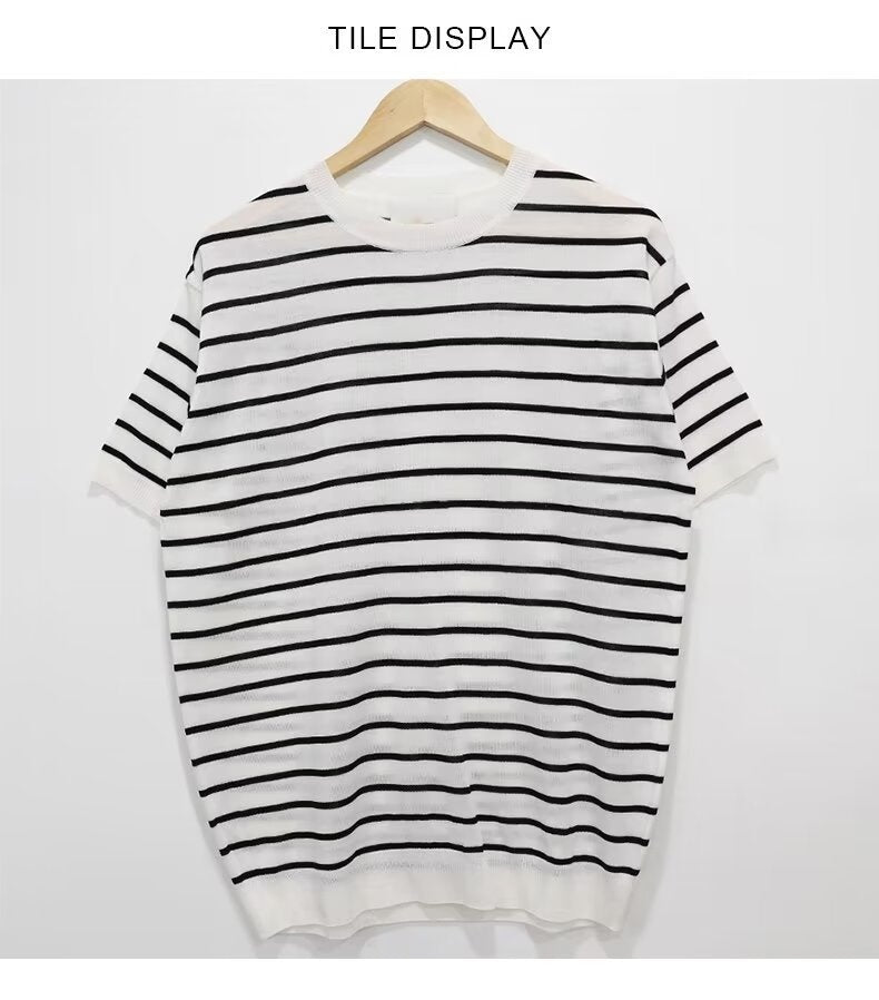 Half Sleeve Striped Short Sleeve Summer Casual Knitted Top