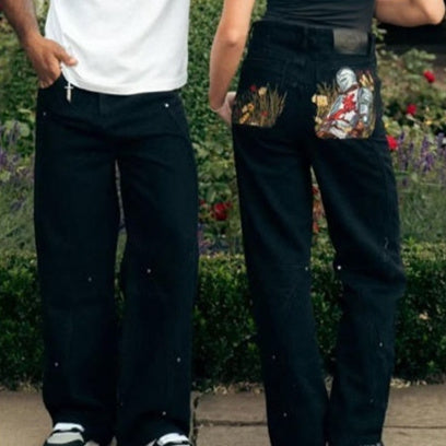 Fallen Knight Black Jeans With Embroidered