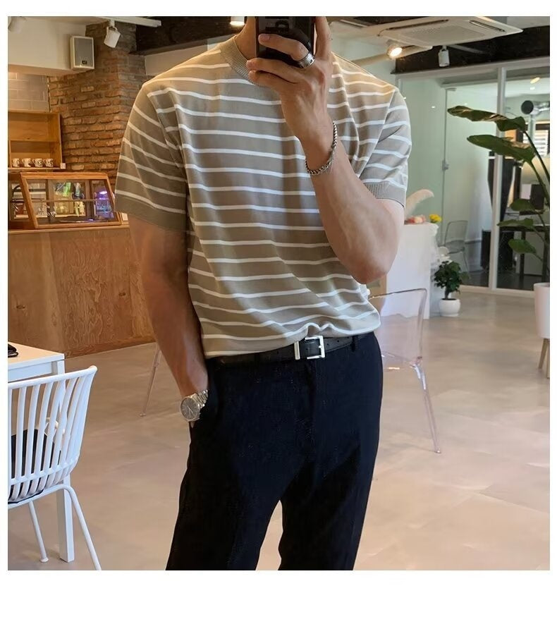 Half Sleeve Striped Short Sleeve Summer Casual Knitted Top