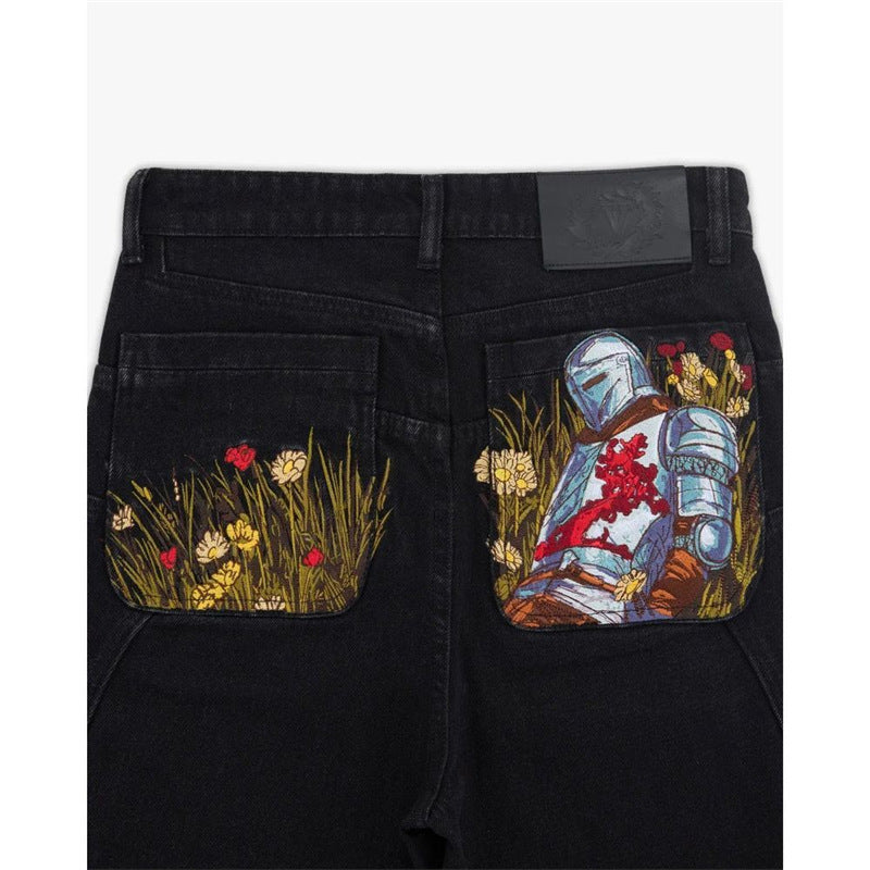 Fallen Knight Black Jeans With Embroidered