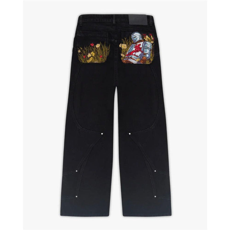Fallen Knight Black Jeans With Embroidered