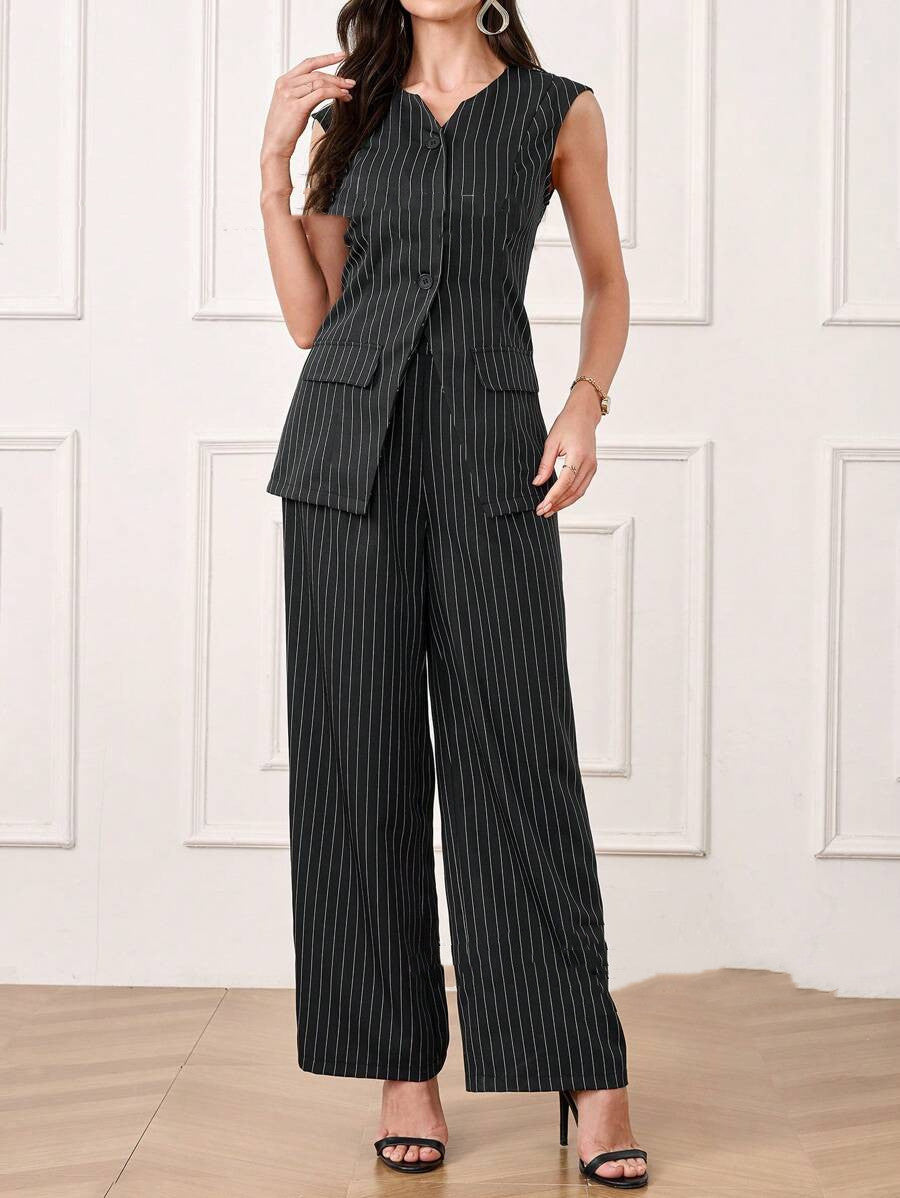 Casual Striped Lapel Suit Straight-leg Pants Suit